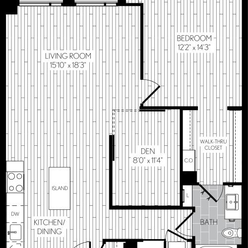 957 square foot one bedroom one bath with den apartment floorplan image