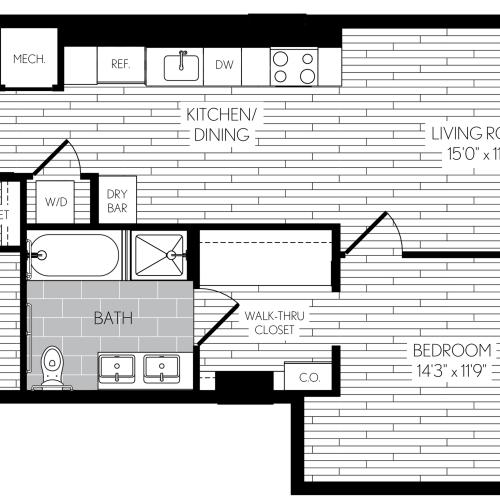 890 square foot one bedroom one and a half bath with den apartment floorplan image