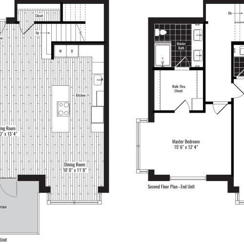 1616  square foot two bedroom two and a half bath two story townhome floorplan image