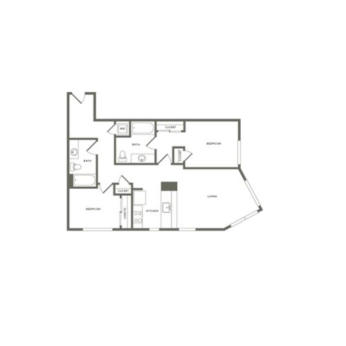 989-1,069 square foot two bedroom two bath floor plan image