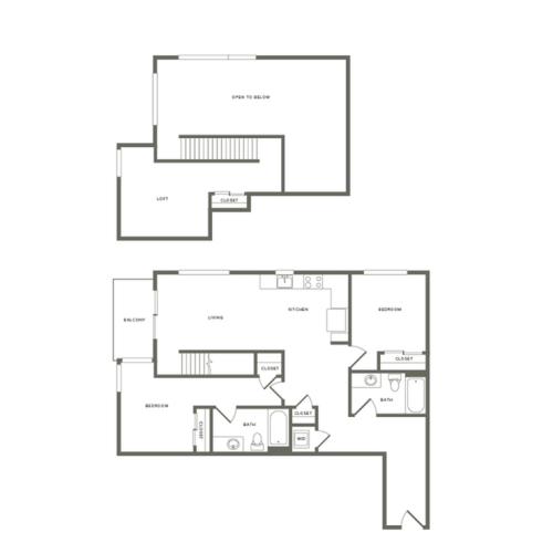 1,323 square foot two bedroom two bath loft floor plan image