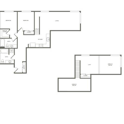 1,330 square foot two bedroom two bath loft floor plan image