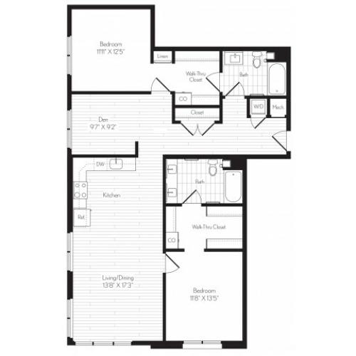1378 square foot two bedroom two bath den floor plan