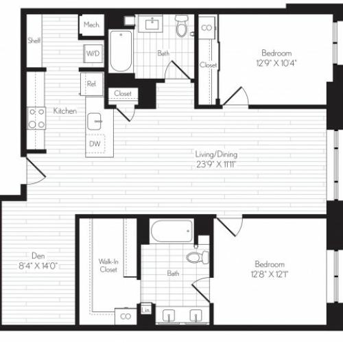 1304 square foot two bedroom two bath den floor plan