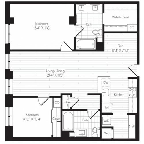 1161 square foot two bedroom two bath floor plan image
