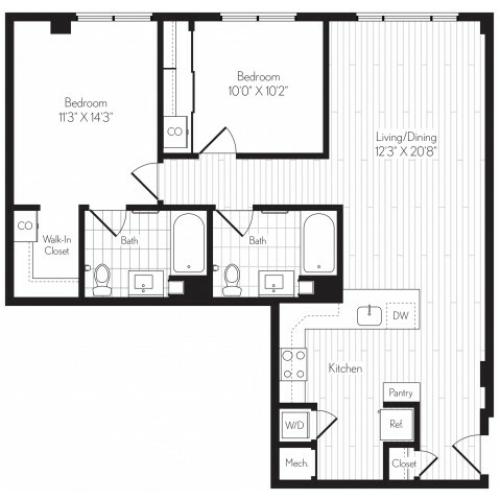 1083 square foot two bedroom two bath floor plan image