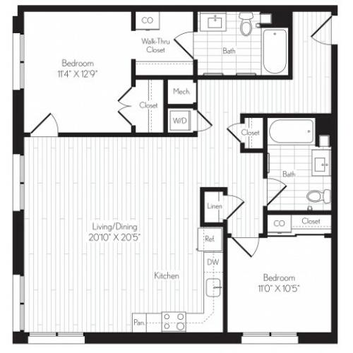 1147 square foot two bedroom two bath floor plan image