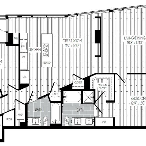 1391 square foot two bedroom two bath apartment floorplan image