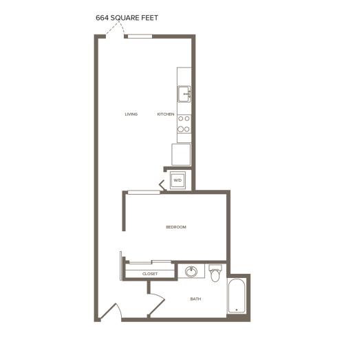 664 square foot one bedroom one bath floor plan image