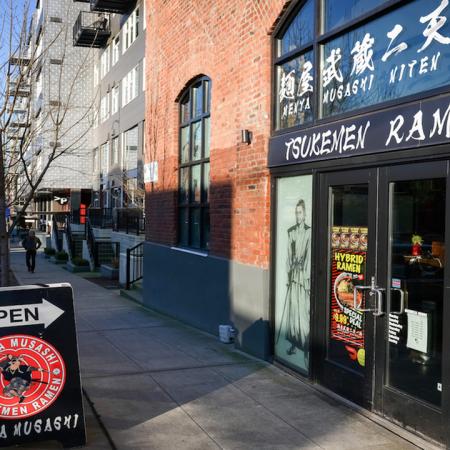 Exterior of local ramen restaurant  near Modera Broadway apartments in Seattle.