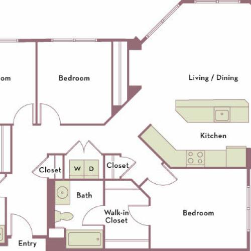 1,535 square foot three bedroom two bath apartment floorplan image