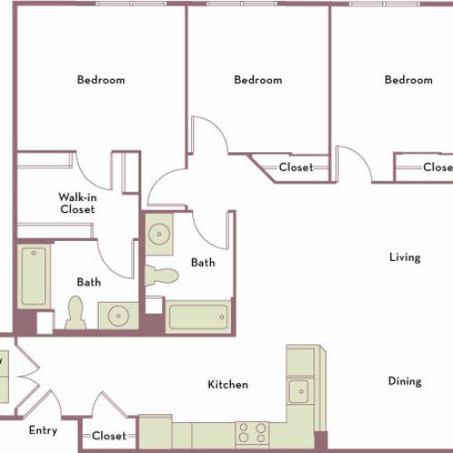 1,356 square foot three bedroom two bath apartment floorplan image