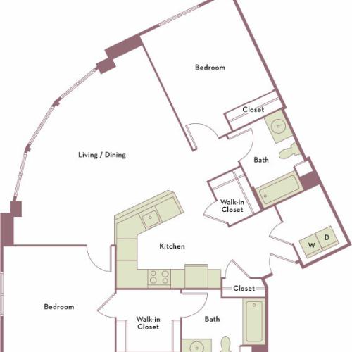 1,221 square foot two bedroom two bath apartment floorplan image