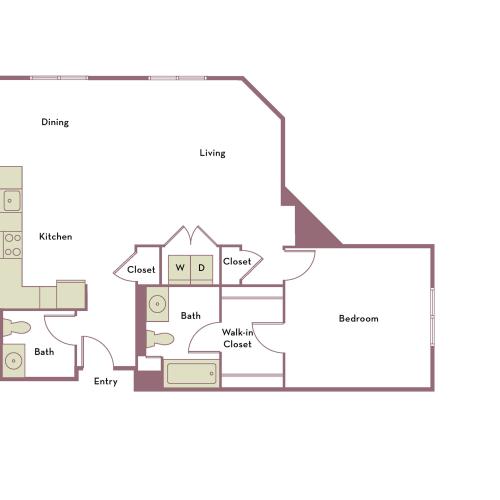 1,094 square foot one bedroom one bath apartment floorplan image