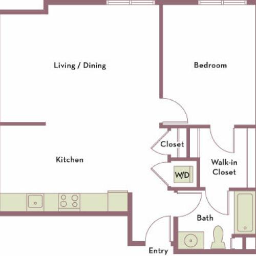 861 square foot one bedroom one bath apartment floorplan image