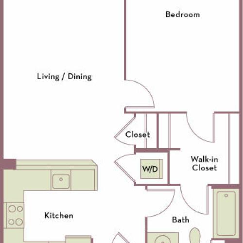 649 to 776 square foot one bedroom one bath apartment floorplan image