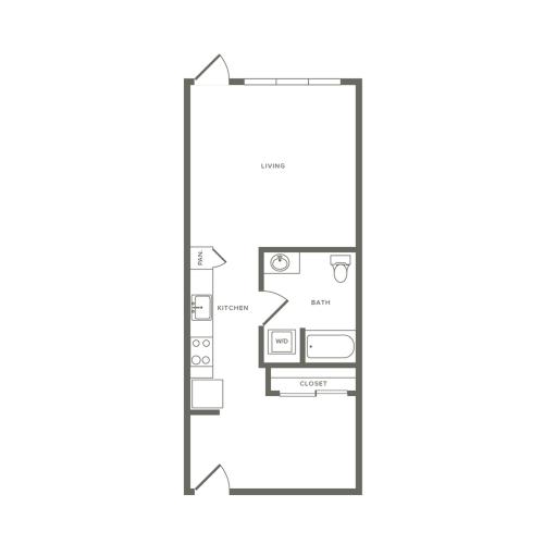 One bedroom ranging from 598 to 698  square feet one bath apartment floorplan image