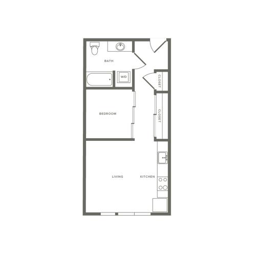Income restricted one bedroom ranging from 521 to 599 square feet one bath apartment floorplan image