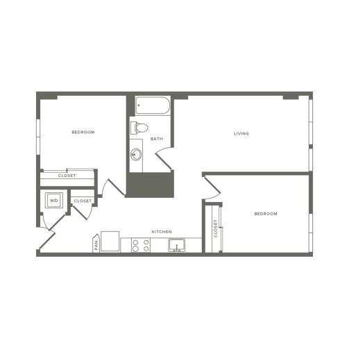 Income restricted 876 square foot two bedroom one bath apartment floorplan image