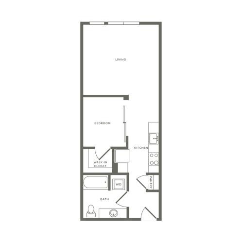 Income restricted 634 square foot one bedroom one bath apartment floorplan image