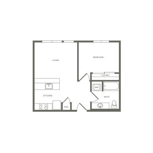 Income restricted 624 square foot one bedroom one bath apartment floorplan image