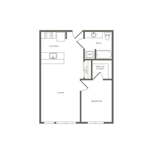 Income restricted one bedroom ranging from 649 to 677 square feet one bath apartment floorplan image