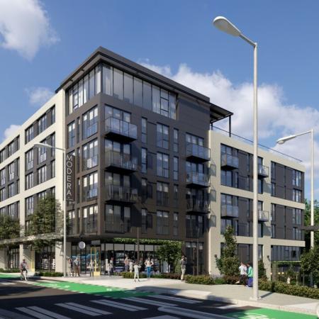 Exterior rendering of building from street view near Modera Broadway apartments in Seattle.