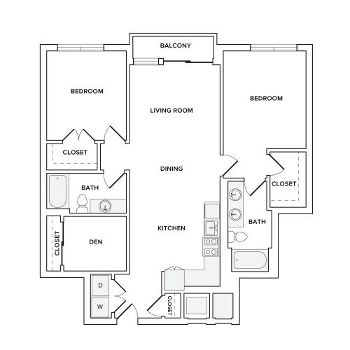 1167-1169 square foot two bedroom two bath apartment floorplan image
