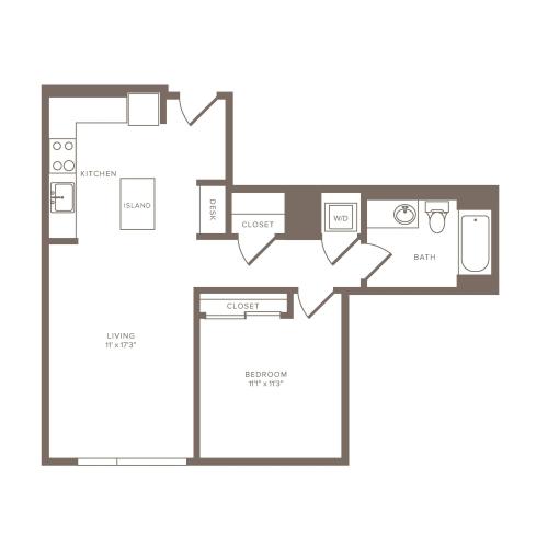 738 square foot one bedroom one bath high-rise apartment floorplan image