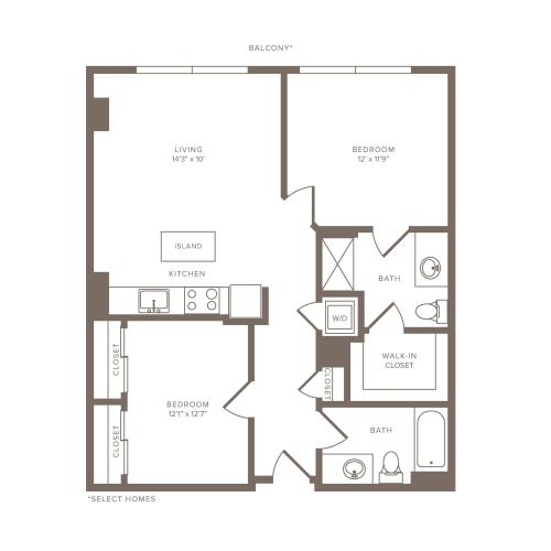 903 square foot two bedroom two bath high-rise apartment floorplan image