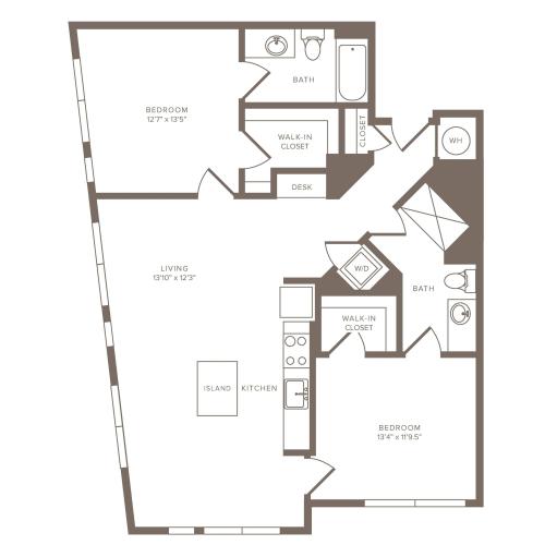 1127 square foot two bedroom two bath apartment floorplan image