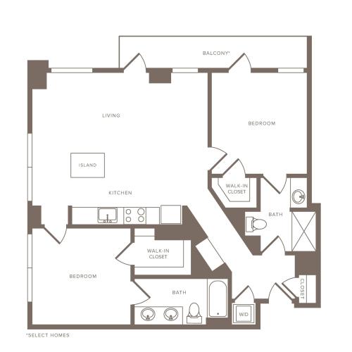 1171 square foot two bedroom two bath high-rise apartment floorplan image