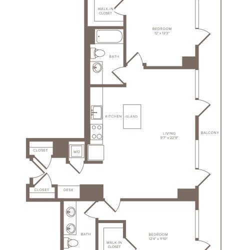 1115 square foot two bedroom two bath penthouse apartment floorplan image