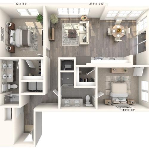 1180-1191 square foot two bedroom two bath apartment floorplan image