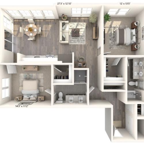 1202-1219  square foot two bedroom two bath apartment floorplan image