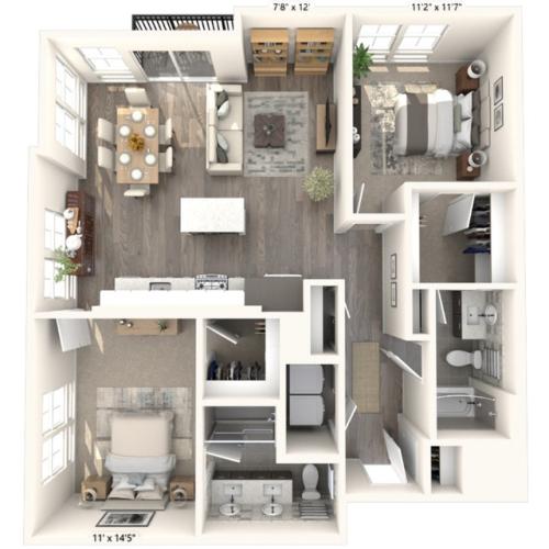 1137-1161 square foot two bedroom two bath apartment floorplan image