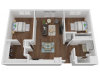 Two-bedroom aerial floorplan with furniture