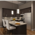 Crescendo Apartments, interior, kitchen, stainless steel appliances, refrigerator, island with breakfast bar and chairs, dark cabinets, high ceilings, wood flooring