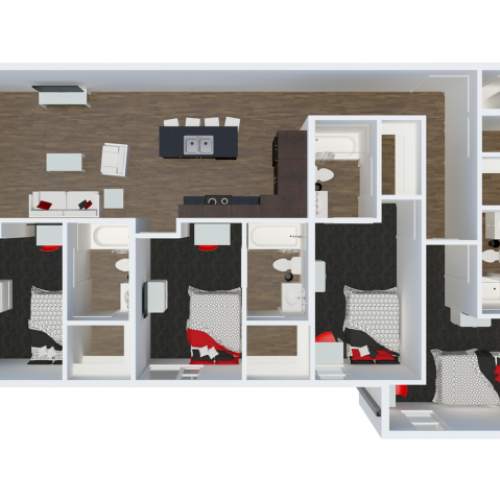 D3B2 with balcony | 4 Bdrm Floor Plan | The Cardinal at West Center | U of A Apartments Fayetteville AR