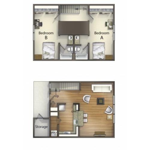 B2 town home layout | 2 Bdrm Floor Plan | The Commons | Apartments in Oxford OH