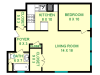 Floor plan of Bentley unit, roughly 550 square feet. Featuring living room, kitchen, bathroom, bedroom, and foyer closet.