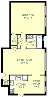 Salk One Bedroom Floorplan showing Living Room, Foyer, Bathroom, three closets, Bedroom Dining Room and a Kitchen
