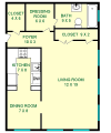 Ginger studio floorplan shows roughly 475 square feet, with a living room, dining room, dressing room, bathroom kitchen and closets.