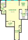 Heliotrope studio floorplan shows roughly 540 square feet, with a foyer, living room, bathroom, dining area and kitchen. There are multiple closets as well.