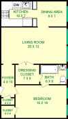 Basil floorplan shows roughly 700 square feet, with a bedroom, bathroom, living room, dressing closet, dining area and a kitchen.