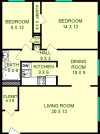 Corliss two bedroom floorplan shows roughly 790 square feet, with two bedrooms, a kitchen and dining room, living room, bathroom and closets.