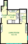 Curry studio floorplan shows roughly 430 square feet witha living room, foyer, kitchen, bathroom and multiple closets