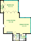 English one bedroom apartment shows roughly 810 square feet, with a bedroom, living room, bathroom dining room and kitchen.