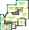 Heinz floorplan shows two bedrooms, a living room, a bathroom, a dining room, a sunroom, a den, a foyer and a kitchen.