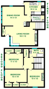 Osterling Three bedroom floorplan shows roughly 1515 square feet over two stories, including a kitchen, living room dining room, laundry room, stairs to three bedrooms and a bathroom.